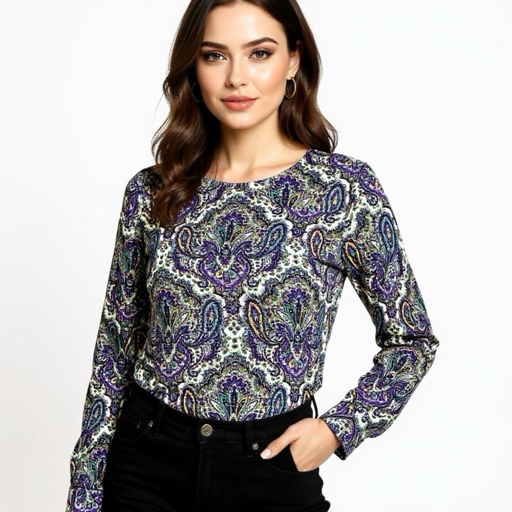 J Crew Preppy Blouse Womens Sz 8 Purple Boho Lovely Paisley Top Long Sleeve